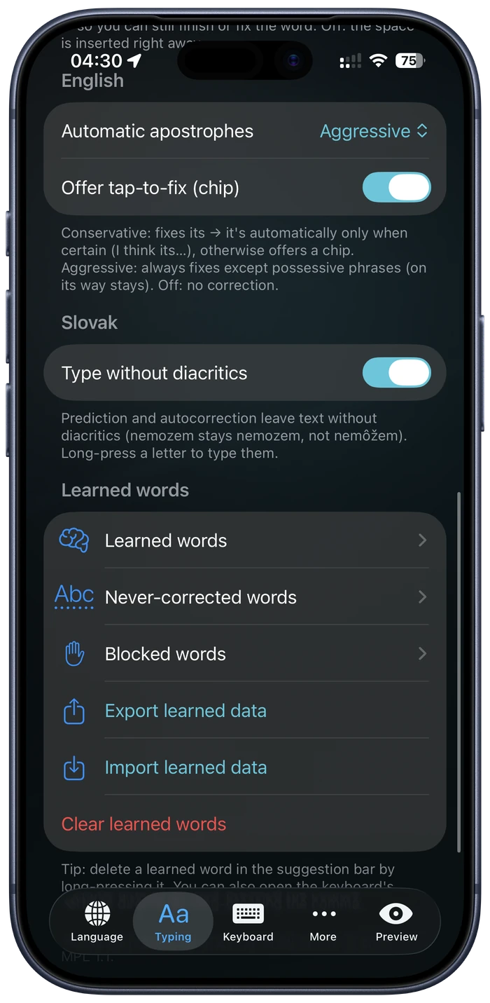 Automatic apostrophes and diacritics settings — its becomes it's, type without diacritics