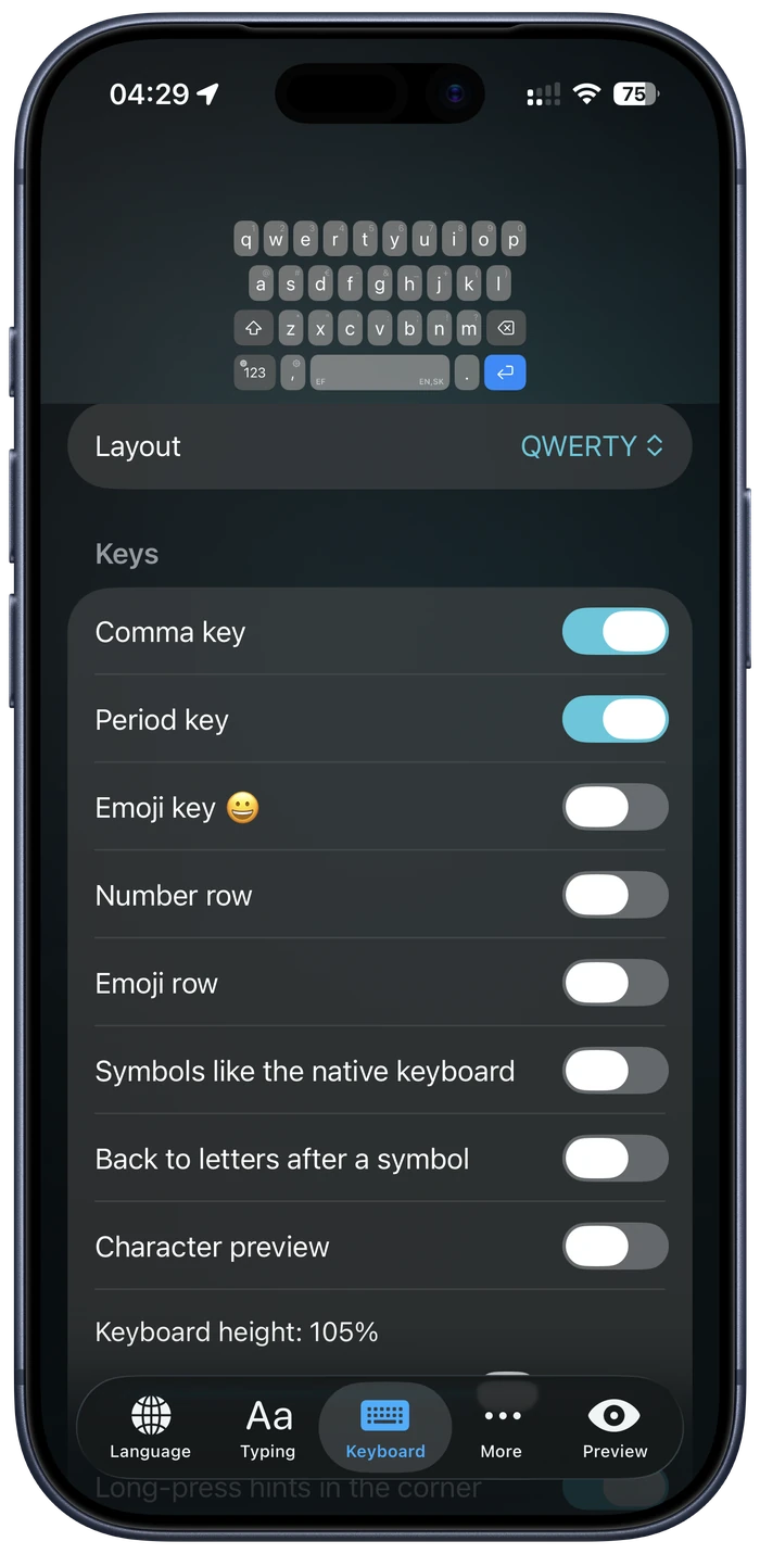 Keys settings — comma, period, emoji key, number row and height