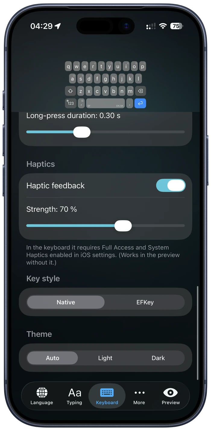 Key style picker — Native or EFKey, plus Auto/Light/Dark theme