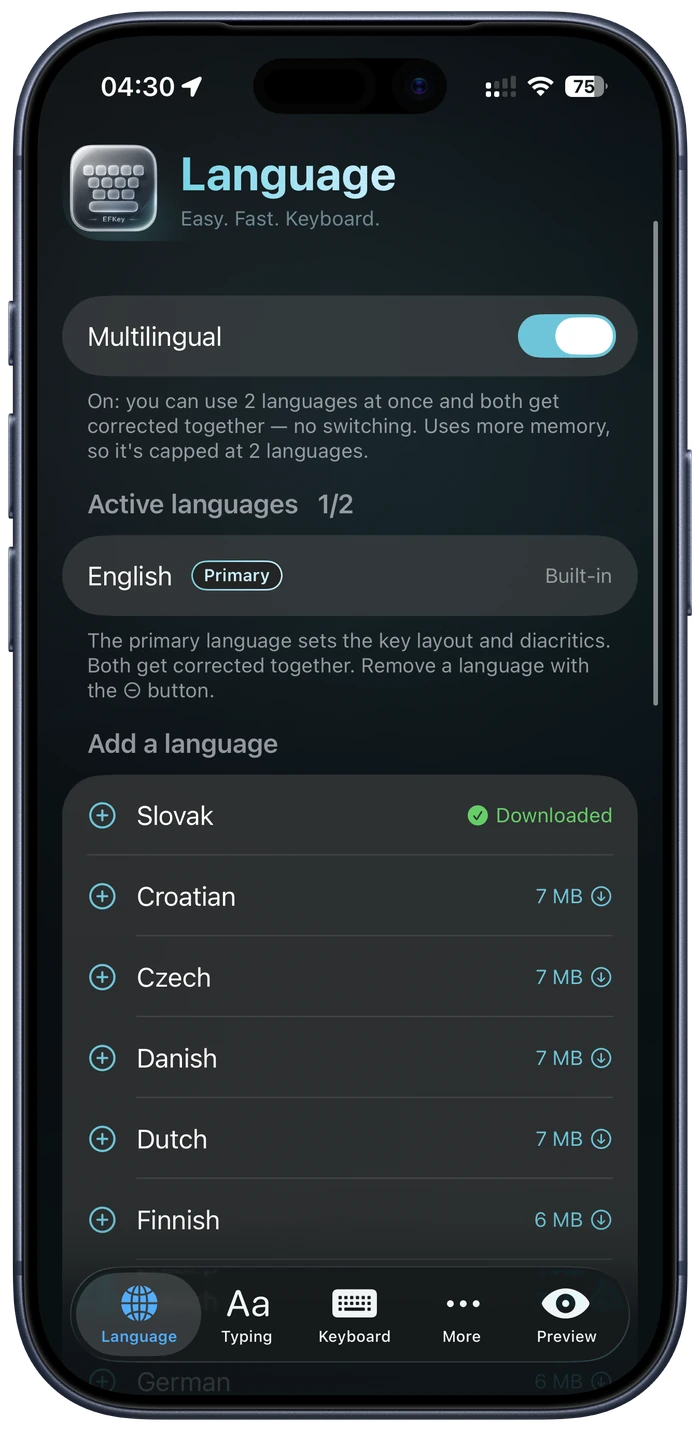 EFKey Language settings on an iPhone — Multilingual on, English and Slovak active at once