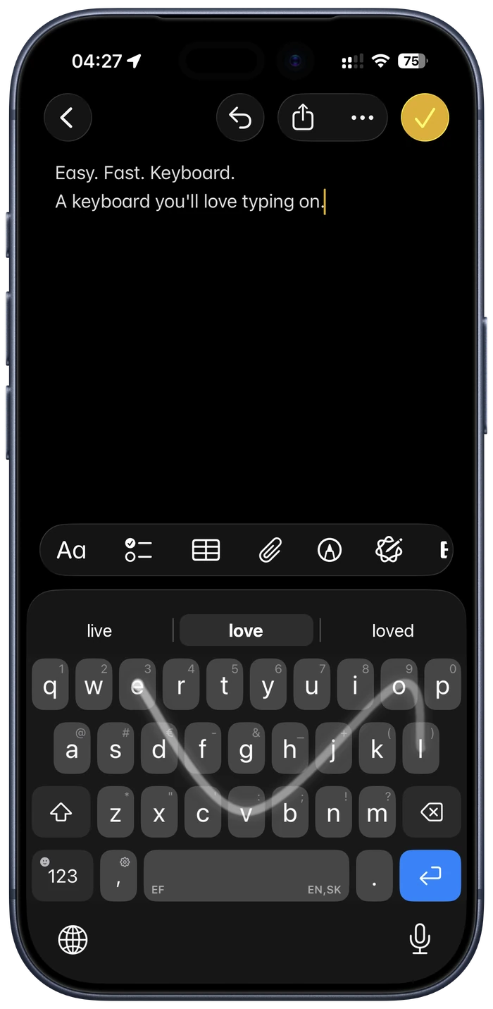Swipe to type — one glide, one whole word, with the glowing trail