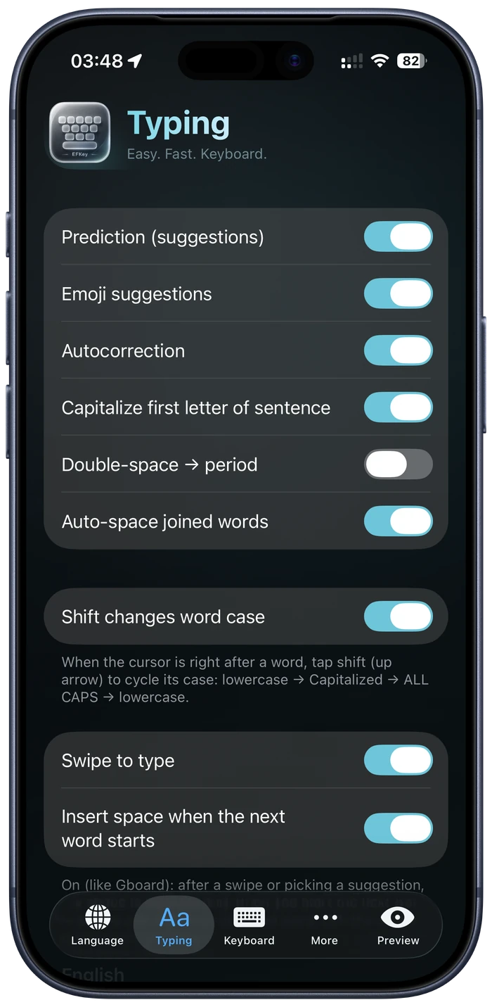 Typing settings — prediction, autocorrection, swipe and more